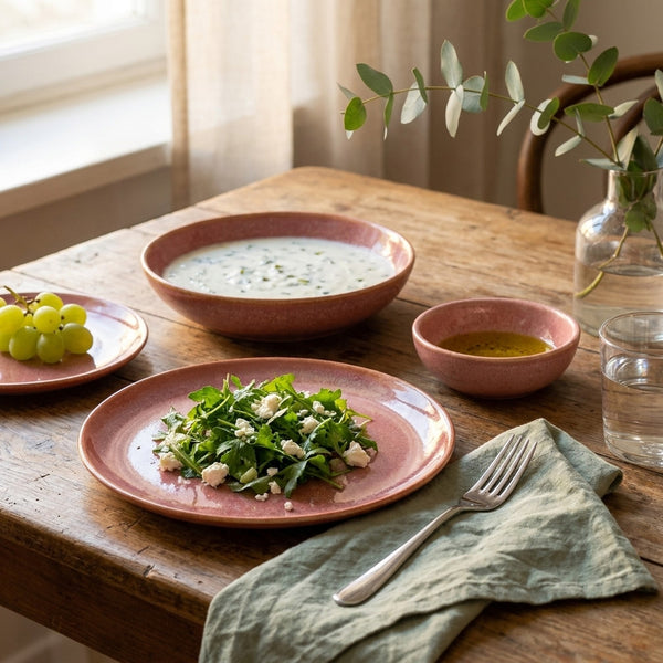 Gonca Pembe stoneware yemek takımından bir kişilik yemekli kurulum renk:Gonca Pembe
