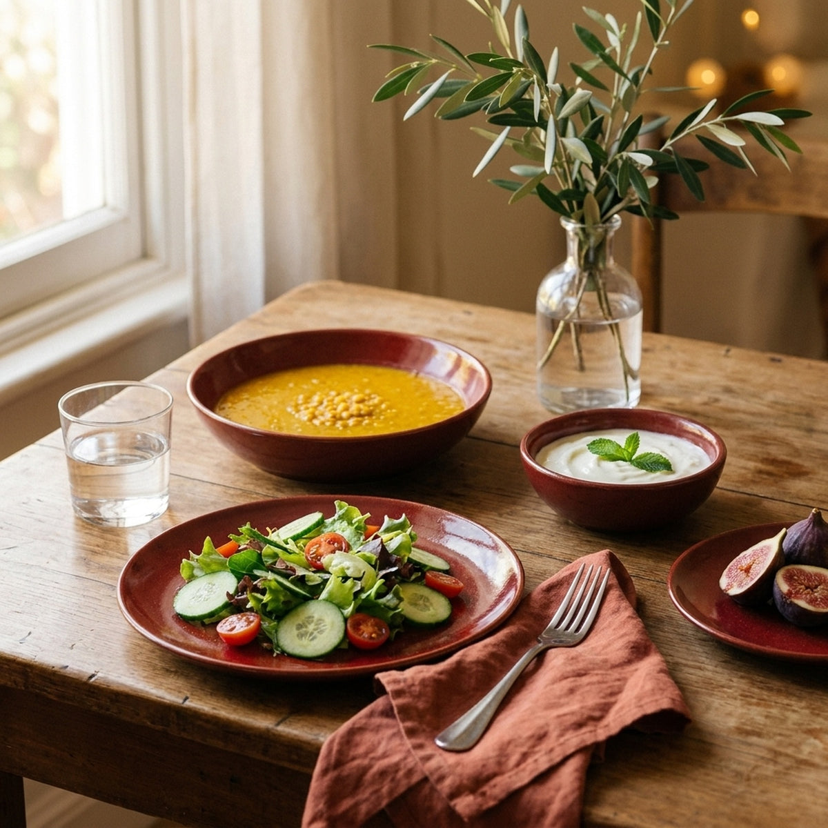Dem Kırmızı stoneware yemek takımından bir kişilik yemekli kurulum