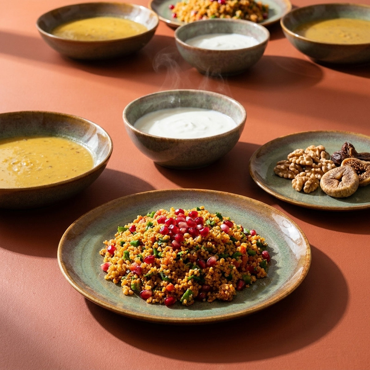 2 kişilik Müdavim Yeşil stoneware yemek takımıyla kurulmuş, yemekli sofra renk:Müdavim Yeşil