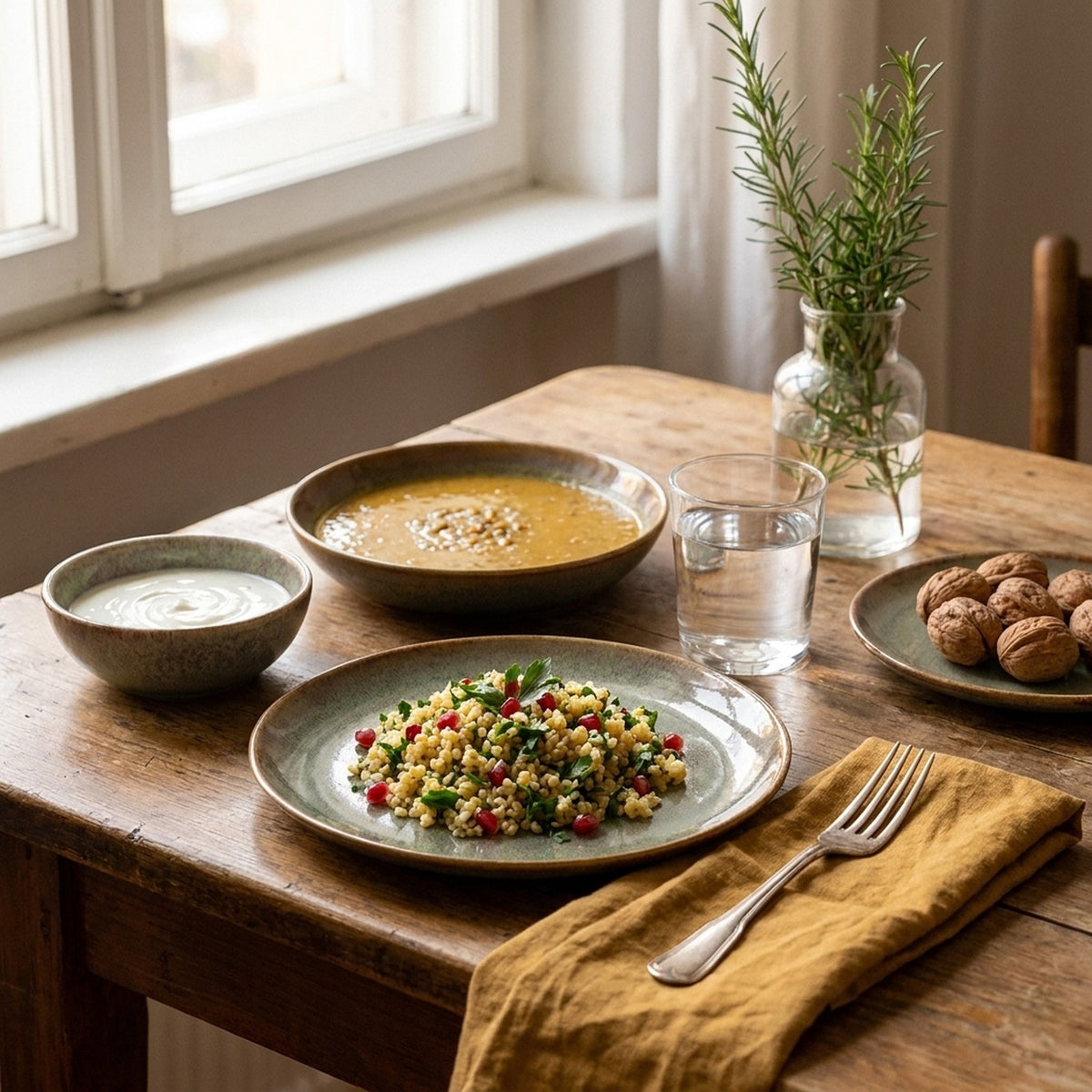 Müdavim Yeşil stoneware yemek takımından bir kişilik yemekli kurulum