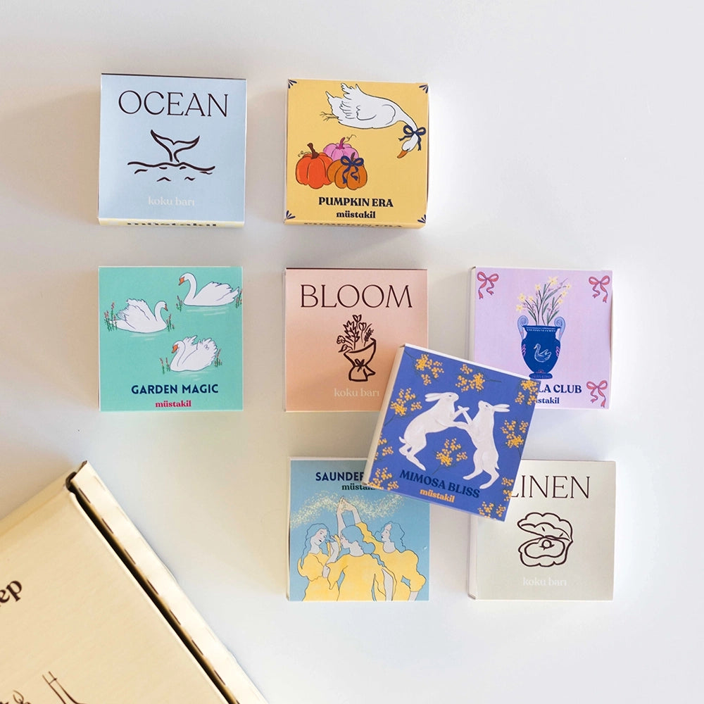 Sekiz koku barı kutusu yan yana: Ocean, Garden Magic, Bloom, Linen ve diğerleri