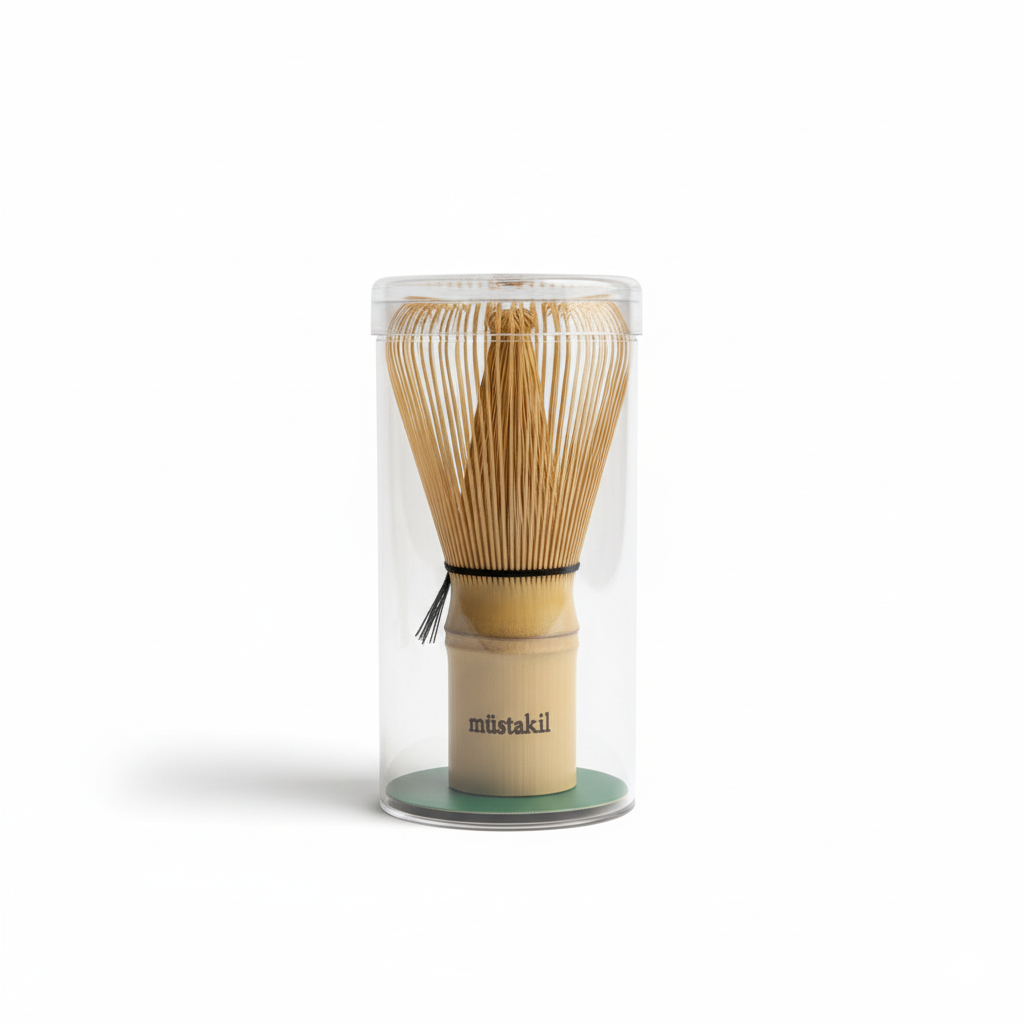 Matcha bambu whisk, ambalajıyla stüdyo çekimi