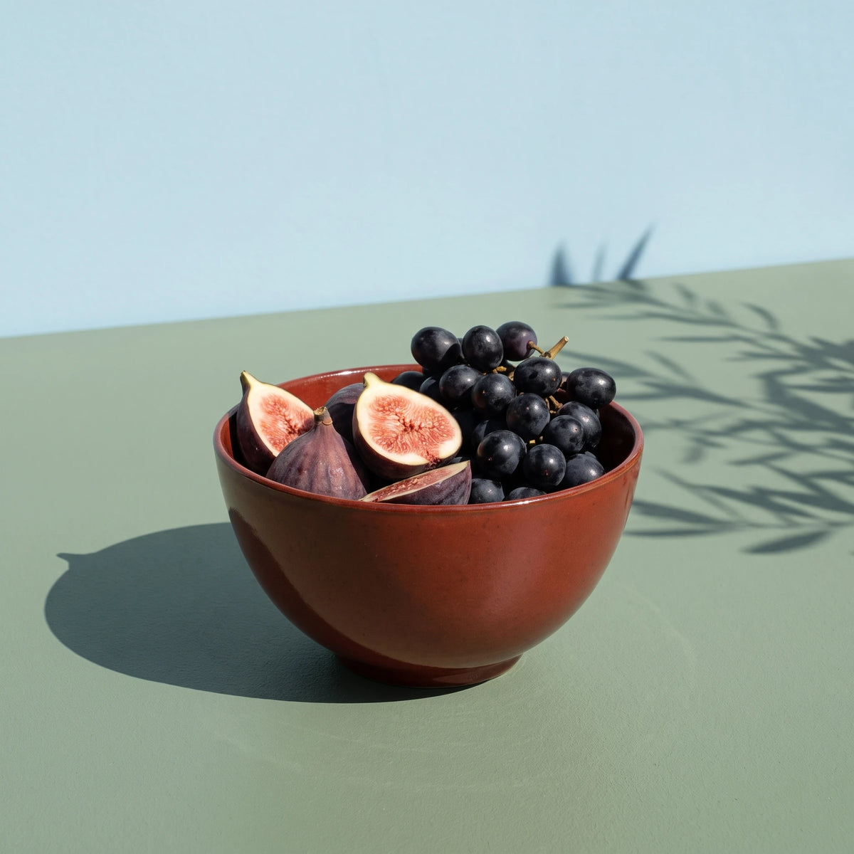 Dem Kırmızı stoneware çorba kasesinde taze incir ve siyah üzüm renk:Dem Kırmızı
